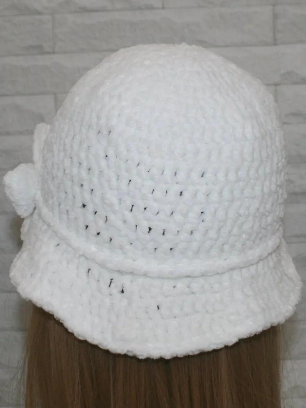 HAND CRAFTED Hat Crochet Bucket Chenille Floppy Wide Brim White Cloud Dancer